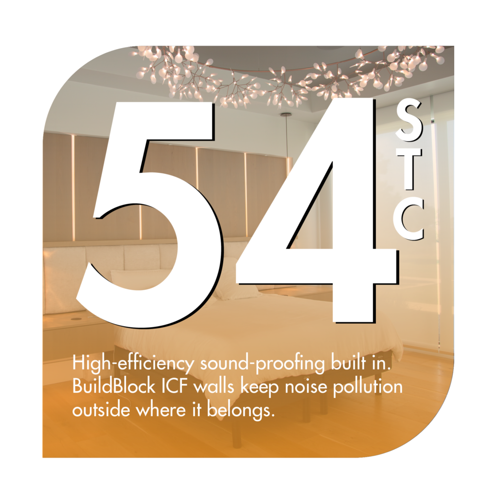 High-efficiency sound-proofing build in. BuildBlock ICF walls keep noise pollution outside where it belongs.